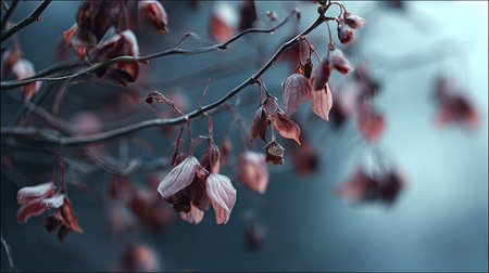 In winter, chilling air envelops, a few lingering leaves tremble, still atmosphere