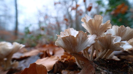 The Oyster mushroom in winter, chilling air envelops, a few lingering leaves tremble, still...
