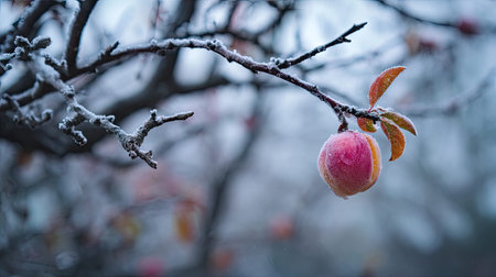 The Peach in winter, chilling air envelops, a few lingering leaves tremble, still atmosphere
