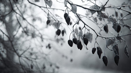 In winter, chilling air envelops, a few lingering leaves tremble, still atmosphere