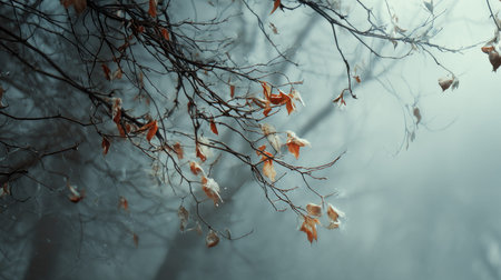 The Mahogany in winter, chilling air envelops, a few lingering leaves tremble, still atmosphere