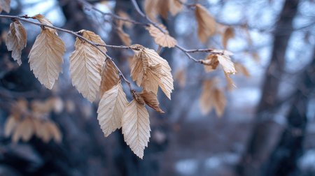 The Slippery elm in winter, chilling air envelops, a few lingering leaves tremble, still atmosphereの写真素材