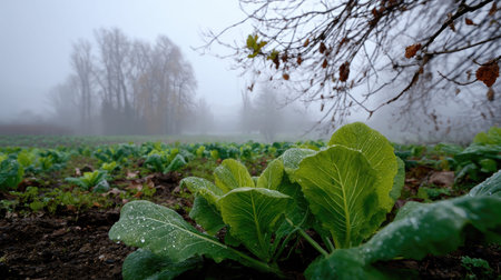 The Mustard greens in winter, chilling air envelops, a few lingering leaves tremble, still...