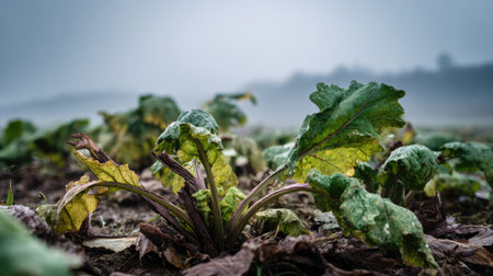 The Sugar beet in winter, chilling air envelops, a few lingering leaves tremble, still atmosphere