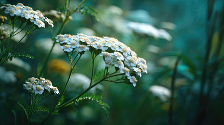 Yarrow swaying gently in the wind, realistic photography style, bright and vivid colors, natural...