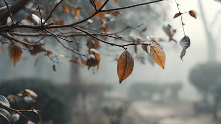 In winter, chilling air envelops, a few lingering leaves tremble, still atmosphereの写真素材