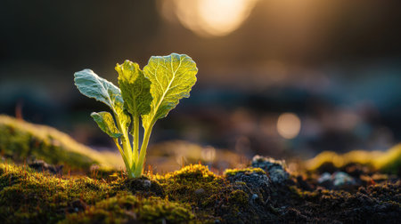Photo of a small Celtuce growing on moss at sunrise, symbolizing hope and new beginnings. Web banner...