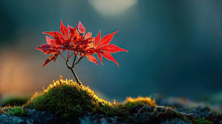 Photo of a small Red maple growing on moss at sunrise, symbolizing hope and new beginnings. Web...