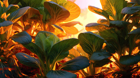 The Bok choy at sunset, Golden red sunset light filters through the leaves, still atmosphere, warm...