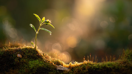 Photo of a small Edamame growing on moss at sunrise, symbolizing hope and new beginnings. Web banner...