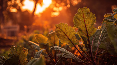 The Tuscan kale at sunset, Golden red sunset light filters through the leaves, still atmosphere,...