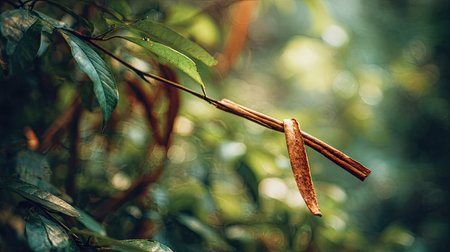 A detailed photograph of a single cinnamon stick, swaying gently in the wind, captured in natural...