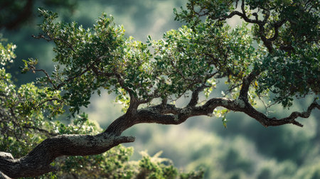 A detailed photograph of a single Cork oak, swaying gently in the wind, captured in natural daylight. Fresh and airy atmosphere, soft motion blur on leaves, crisp details on textures, background softly blurred into natural greenery, cinematic natural light, realistic photography style.の写真素材