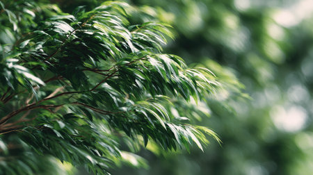 A detailed photograph of a single Camphor tree, swaying gently in the wind, captured in natural...