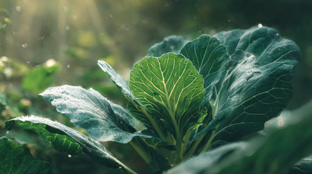 A detailed photograph of a single Collard greens, swaying gently in the wind, captured in natural...