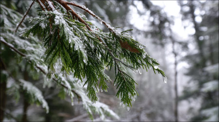 The Eastern hemlock in winter, chilling air envelops, a few lingering leaves tremble, still...