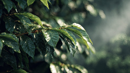 A detailed photograph of a single coffee plant, swaying gently in the wind, captured in natural...