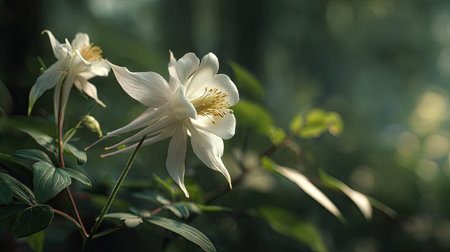 A detailed photograph of a single Columbine, swaying gently in the wind, captured in natural...