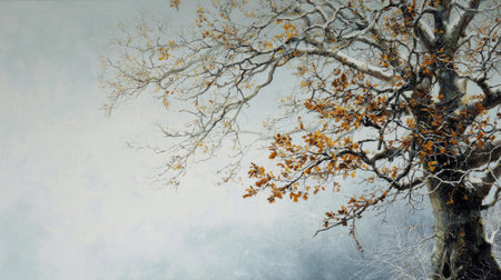 The Elm in winter, chilling air envelops, a few lingering leaves tremble, still atmosphere