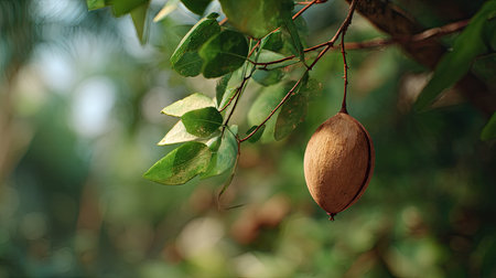 A detailed photograph of a single Kola nut, swaying gently in the wind, captured in natural daylight. Fresh and airy atmosphere, soft motion blur on leaves, crisp details on textures, background softly blurred into natural greenery, cinematic natural light, realistic photography style.の写真素材