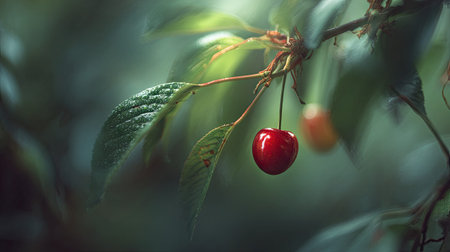 A detailed photograph of a single Cherry, swaying gently in the wind, captured in natural daylight....