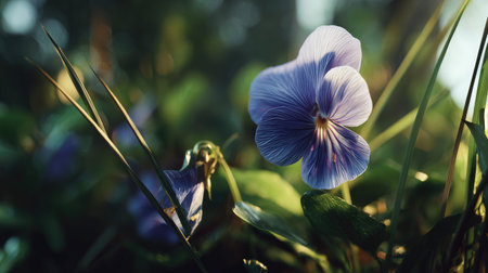 A detailed photograph of a single Viola, swaying gently in the wind, captured in natural daylight....