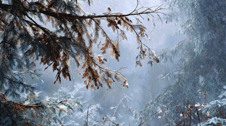 The Fir in winter, chilling air envelops, a few lingering leaves tremble, still atmosphere