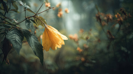 A detailed photograph of a single Yellow velvetleaf, swaying gently in the wind, captured in natural daylight. Fresh and airy atmosphere, soft motion blur on leaves, crisp details on textures, background softly blurred into natural greenery, cinematic natural light, realistic photography style.の写真素材