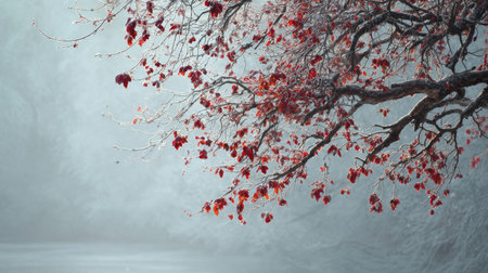 The Cherry tree in winter, chilling air envelops, a few lingering leaves tremble, still atmosphere