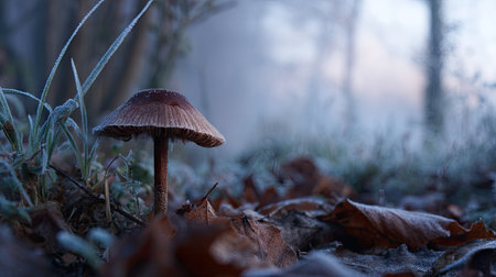 The Button mushroom in winter, chilling air envelops, a few lingering leaves tremble, still atmosphereの写真素材