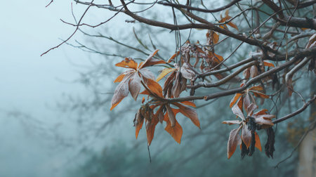 The Papaya tree in winter, chilling air envelops, a few lingering leaves tremble, still atmosphereの写真素材