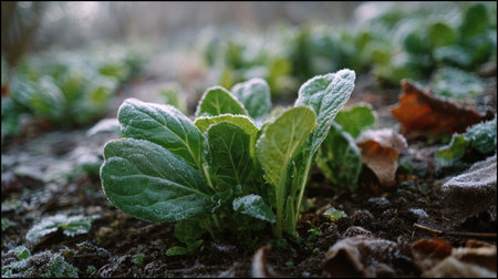 The Lamb s lettuce in winter, chilling air envelops, a few lingering leaves tremble, still...