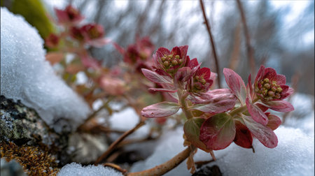 The Rhodiola in winter, chilling air envelops, a few lingering leaves tremble, still atmosphere