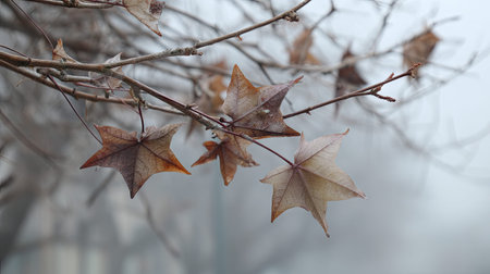 The Liquidambar in winter, chilling air envelops, a few lingering leaves tremble, still atmosphere