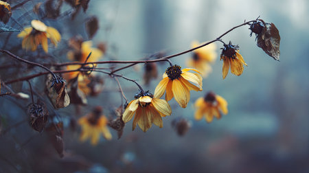 The Rudbeckia in winter, chilling air envelops, a few lingering leaves tremble, still atmosphereの写真素材