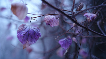 The Violet in winter, chilling air envelops, a few lingering leaves tremble, still atmosphereの写真素材