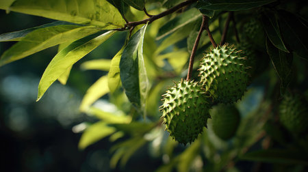 Soursop swaying gently in the wind, realistic photography style, bright and vivid colors, natural lighting, detailed textures on the leaves, soft motion blur to suggest wind movement, ultra realistic, high resolution, cinematic atmosphere.の写真素材