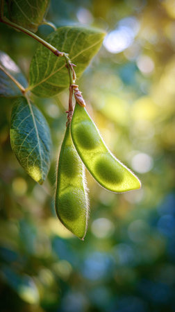 A sunlit portrait of a single Edamame, photographed outdoors on a clear, breezy day. Fresh, crisp air renders vivid detail in the leave veins glowing with gentle backlight. The background falls into a soft natural bokeh of greenery, colors truetolife, organic beauty in pure sunlight.の写真素材