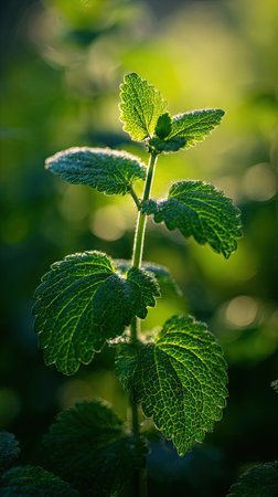 A sunlit portrait of a single Catnip, photographed outdoors on a clear, breezy day. Fresh, crisp air renders vivid detail in the leave veins glowing with gentle backlight. The background falls into a soft natural bokeh of greenery, colors truetolife, organic beauty in pure sunlight.の写真素材