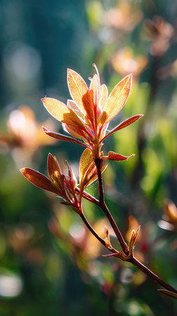 A sunlit portrait of a single Azalea, photographed outdoors on a clear, breezy day. Fresh, crisp air renders vivid detail in the leave veins glowing with gentle backlight. The background falls into a soft natural bokeh of greenery, colors truetolife, organic beauty in pure sunlight.の写真素材