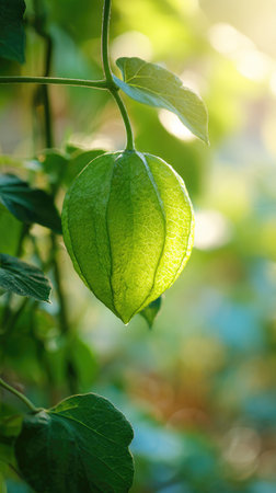 A sunlit portrait of a single Chayote, photographed outdoors on a clear, breezy day. Fresh, crisp air renders vivid detail in the leave veins glowing with gentle backlight. The background falls into a soft natural bokeh of greenery, colors truetolife, organic beauty in pure sunlight.の写真素材
