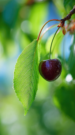 A sunlit portrait of a single Black cherry, photographed outdoors on a clear, breezy day. Fresh, crisp air renders vivid detail in the leave veins glowing with gentle backlight. The background falls into a soft natural bokeh of greenery, colors truetolife, organic beauty in pure sunlight.の写真素材