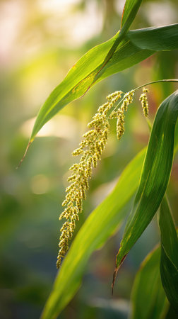 A sunlit portrait of a single Barnyard millet, photographed outdoors on a clear, breezy day. Fresh, crisp air renders vivid detail in the leave veins glowing with gentle backlight. The background falls into a soft natural bokeh of greenery, colors truetolife, organic beauty in pure sunlight.の写真素材