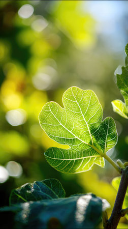 A sunlit portrait of a single Fig, photographed outdoors on a clear, breezy day. Fresh, crisp air renders vivid detail in the leave veins glowing with gentle backlight. The background falls into a soft natural bokeh of greenery, colors truetolife, organic beauty in pure sunlight.の写真素材