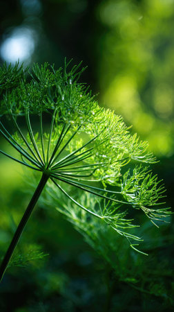 A sunlit portrait of a single Dill, photographed outdoors on a clear, breezy day. Fresh, crisp air renders vivid detail in the leave veins glowing with gentle backlight. The background falls into a soft natural bokeh of greenery, colors truetolife, organic beauty in pure sunlight.の写真素材