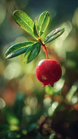 A sunlit portrait of a single Lingonberry, photographed outdoors on a clear, breezy day. Fresh, crisp air renders vivid detail in the leave veins glowing with gentle backlight. The background falls into a soft natural bokeh of greenery, colors truetolife, organic beauty in pure sunlight.の写真素材