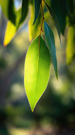 A sunlit portrait of a single Lemon scented gum, photographed outdoors on a clear, breezy day. Fresh, crisp air renders vivid detail in the leave veins glowing with gentle backlight. The background falls into a soft natural bokeh of greenery, colors truetolife, organic beauty in pure sunlight.の写真素材