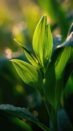 A sunlit portrait of a single Job s tears, photographed outdoors on a clear, breezy day. Fresh, crisp air renders vivid detail in the leave veins glowing with gentle backlight. The background falls into a soft natural bokeh of greenery, colors truetolife, organic beauty in pure sunlight.の写真素材