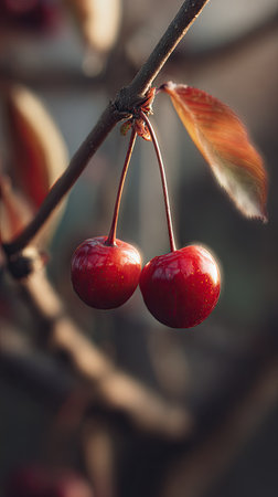 The Cherry in fall, warm amber light, crisp air, shallow depth of field, soft natural bokeh, true to life color, minimal styling.の写真素材