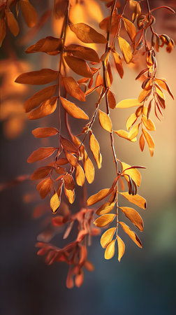 The African mahogany in fall, warm amber light, crisp air, shallow depth of field, soft natural bokeh, true to life color, minimal styling.の写真素材